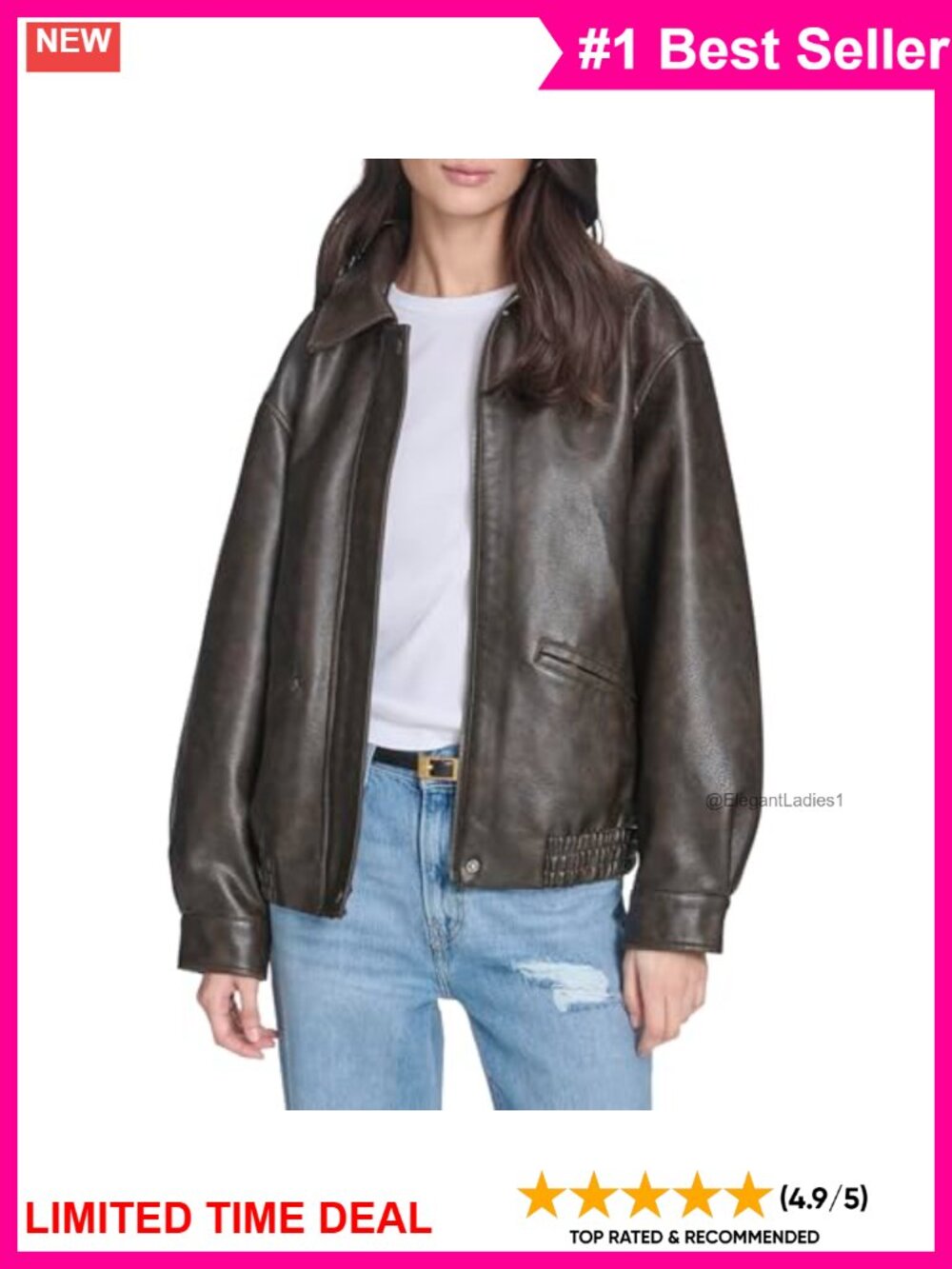 Faux Leather Relaxed Fit Bomber Jacket Zip Snap Puff Sleeve